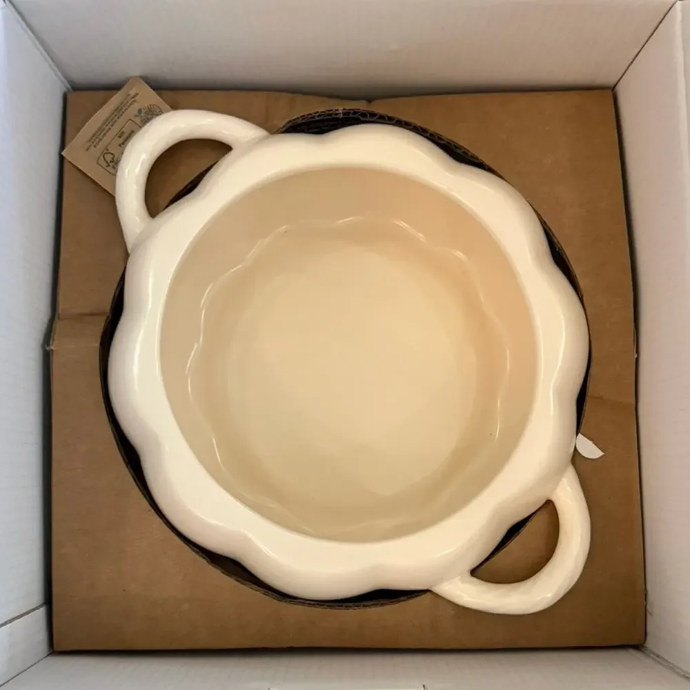 Pfaltzgraff White Pumpkin Casserole Dish Stoneware Cream Gold Stem NEW in Box